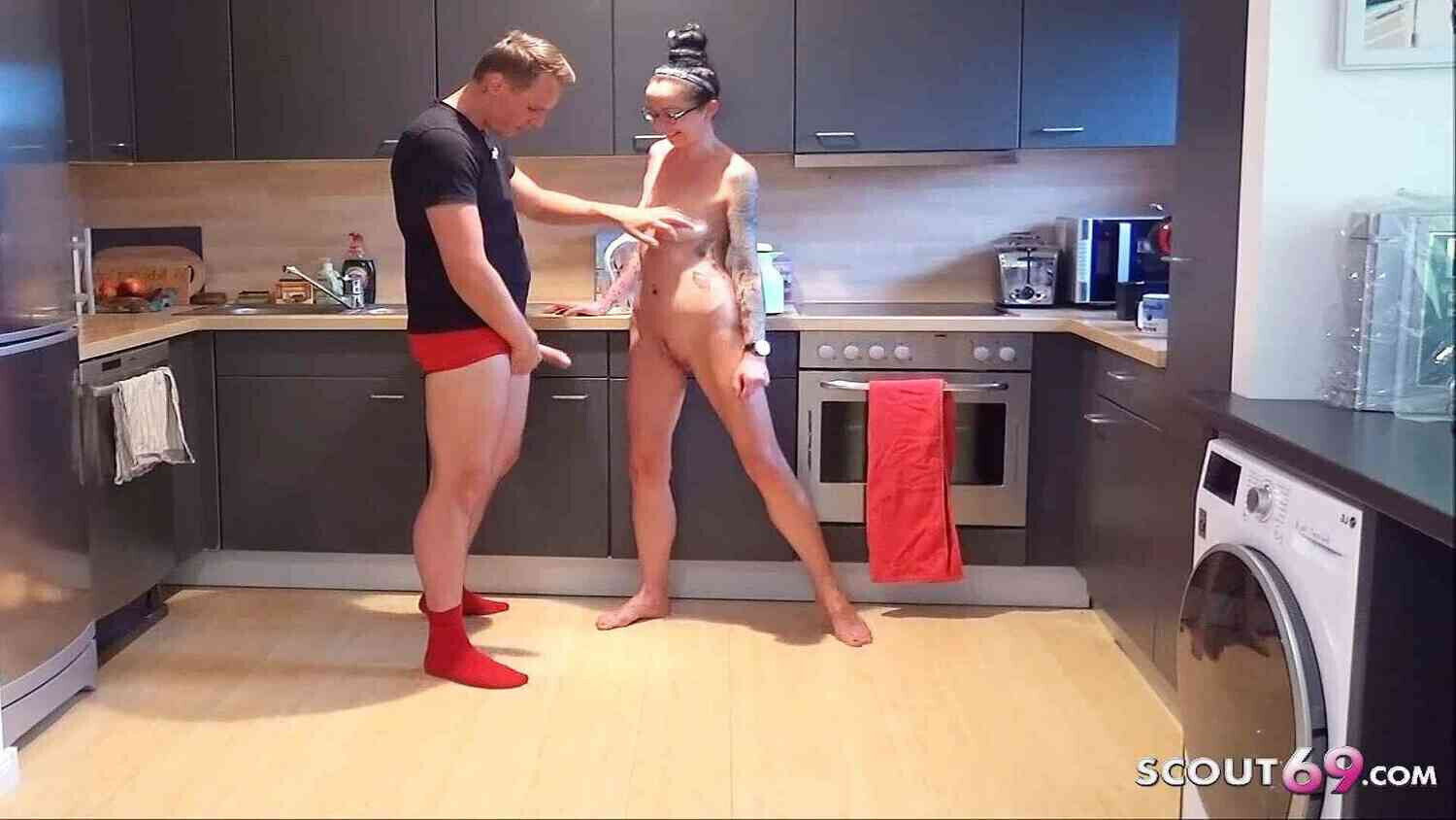 Skinny German caught naked kitchen Seduced Fuck