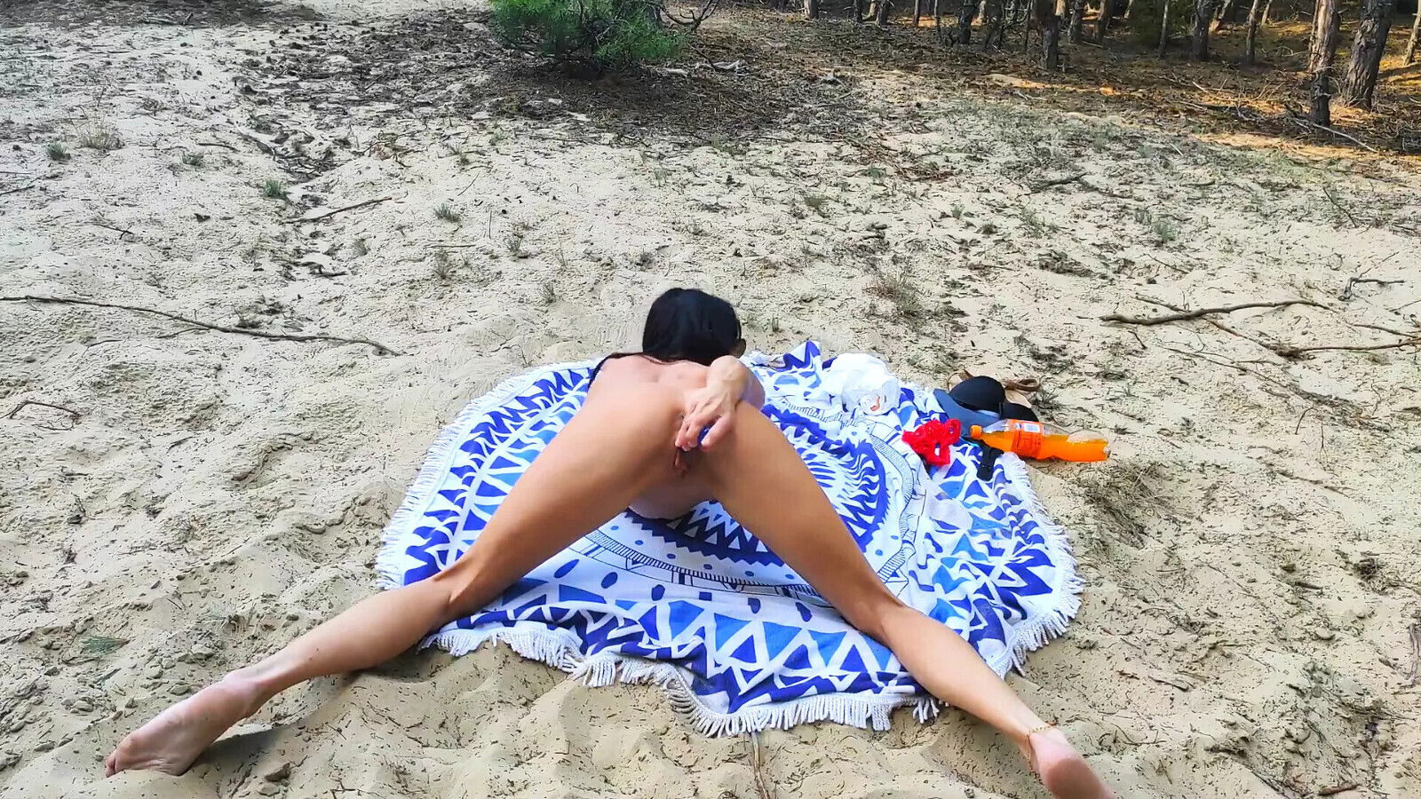 Slim brunette girl, solo forest, fucking with dildo. Victoria