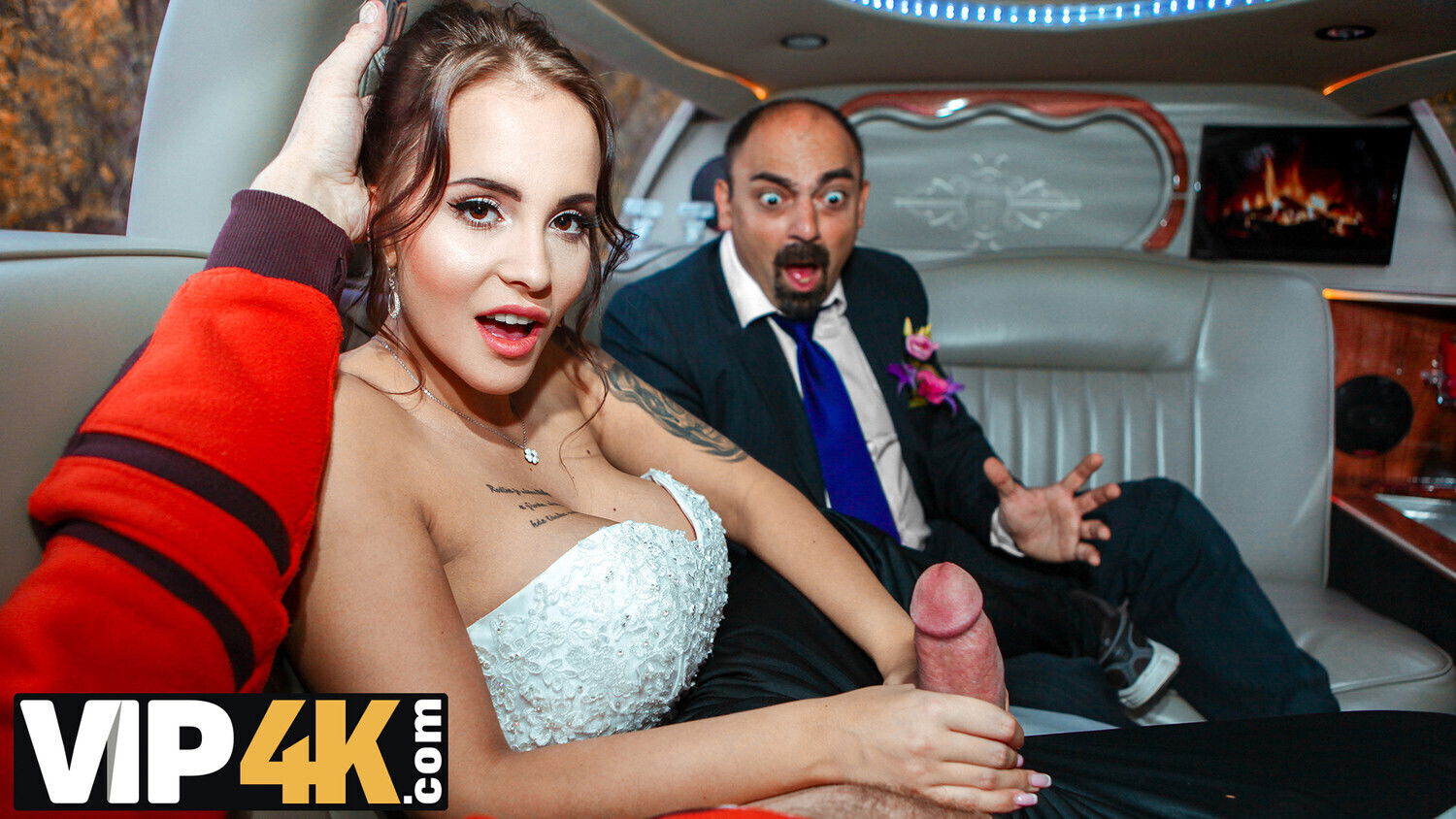 VIP4K. Random passerby scores luxurious bride wedding limo
