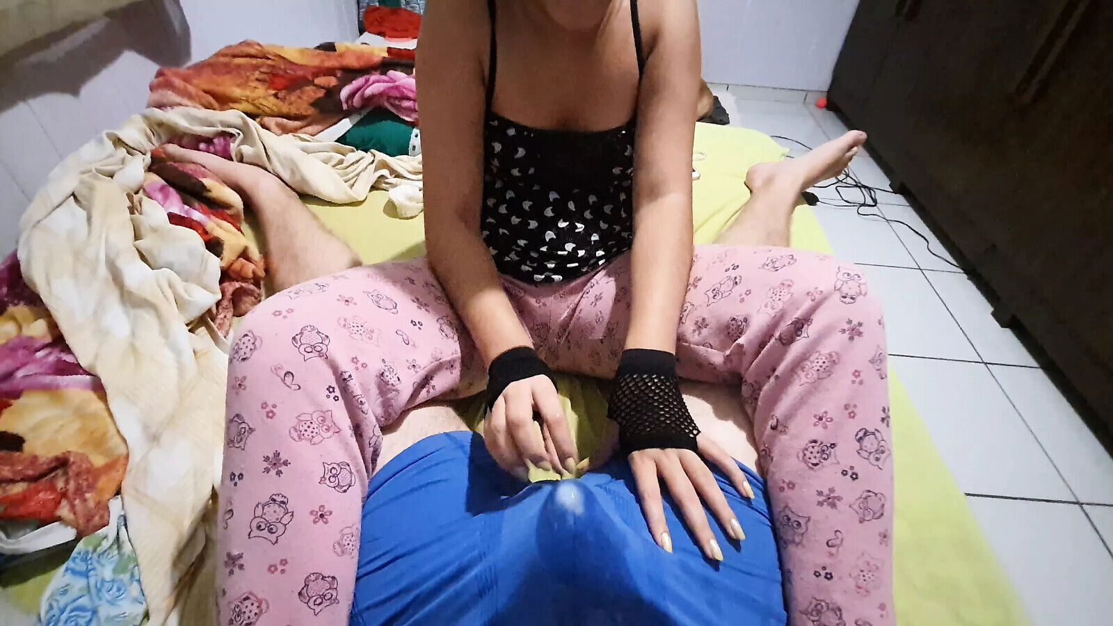Quick handjob with gloves, cute girl making pants tickles balls after
