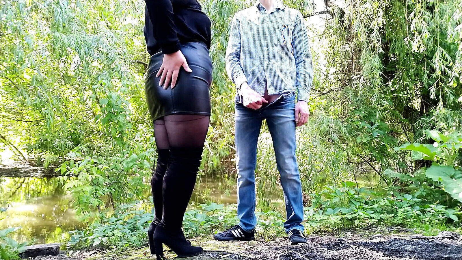 MILF leather skirt gets load outdoors