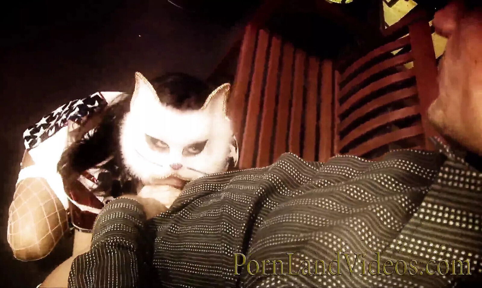 Cumshot masked fishnet stockings