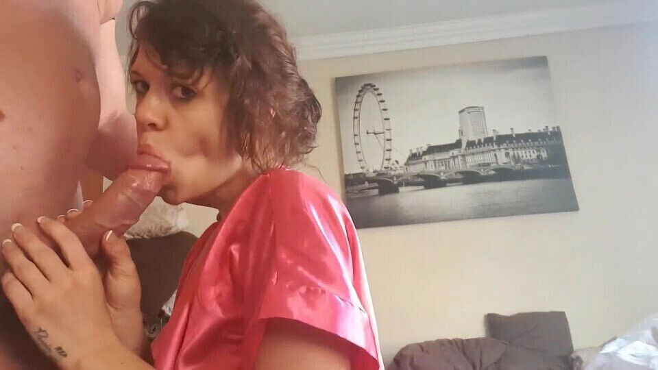 Girl pink robe sucking giving handjob till cums