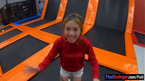 Thai amateur MILF girlfriend having trampoline then fucked home