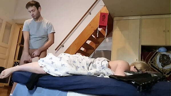 Pervert stepson jerking Mother'_s feet secretly