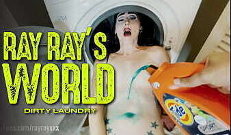 RAY RAY XXX gets naked and climbs in the washing machine to get fucked by a dildo