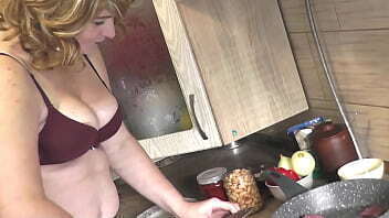 Without panties and bra in high heeled stockings, sexy mom MILF Frina continues nude cooking in her erotic kitchen. Chanakhi is on menu today. In medical uniform. Striptease. Nudist. Naturist. Naked at home. Pussy, ass, big natural tits Milf