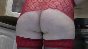 MILF Frina continues naked cooking. erotic kitchen transparent peignoir panties stockings Milf will cook potato pancakes today