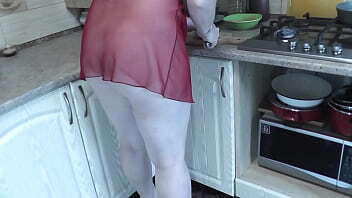 MILF Frina continues naked cooking. Todays menu chicken. Sexy Milf kitchen panties transparent negligee. Natural Pussy Beautifull