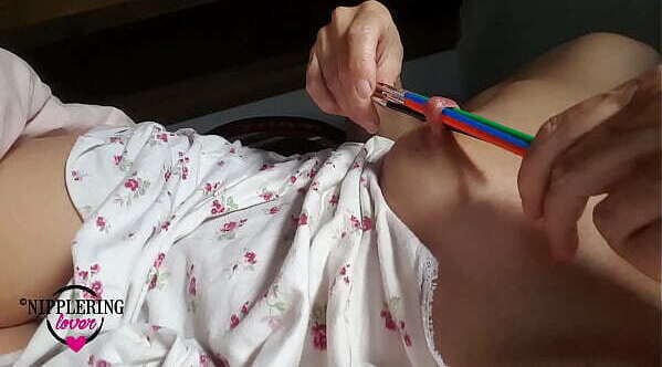 nippleringlover horny inserting multiple sticks extreme stretched nipple piercing