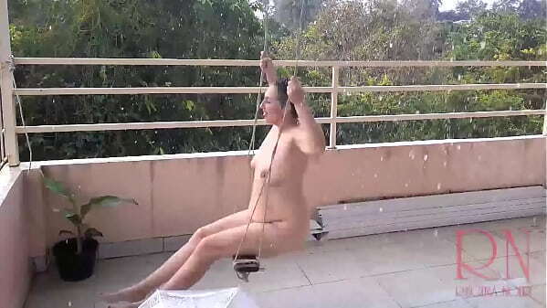 Depraved housewife swinging without panties, hiding from rain under umbrella. FULL VIDEO