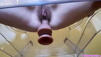 Naughty bitch with hairy pussy riding dildo clear chair