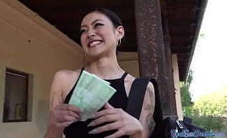 Tattooed Asian babe pickedup and paid for sex from behind