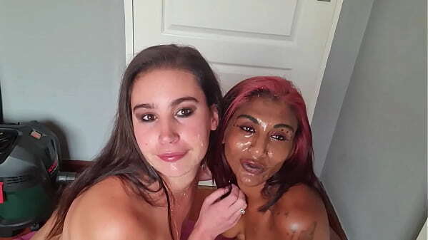 Mixed race LESBIANS covering each others faces with SALIVA well sharing sloppy tongue kisses