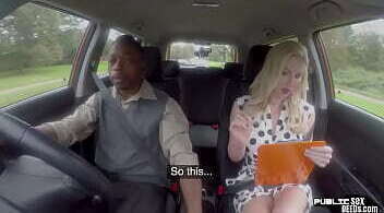 Busty British driving babe doggystyle pounded by black guy