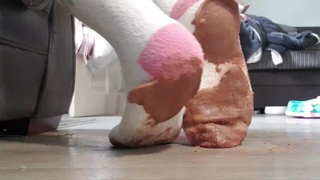 chocolate socks stepping squashing chocolate with white socks