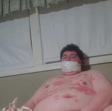 male gagged with hand taped masturbating