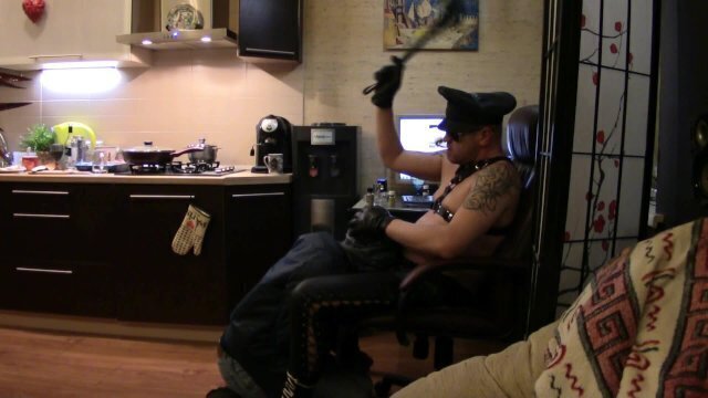 BDSM session with 19 y.o. slave -skinhead -lash,spit, slap and punch in the face with leather gloves