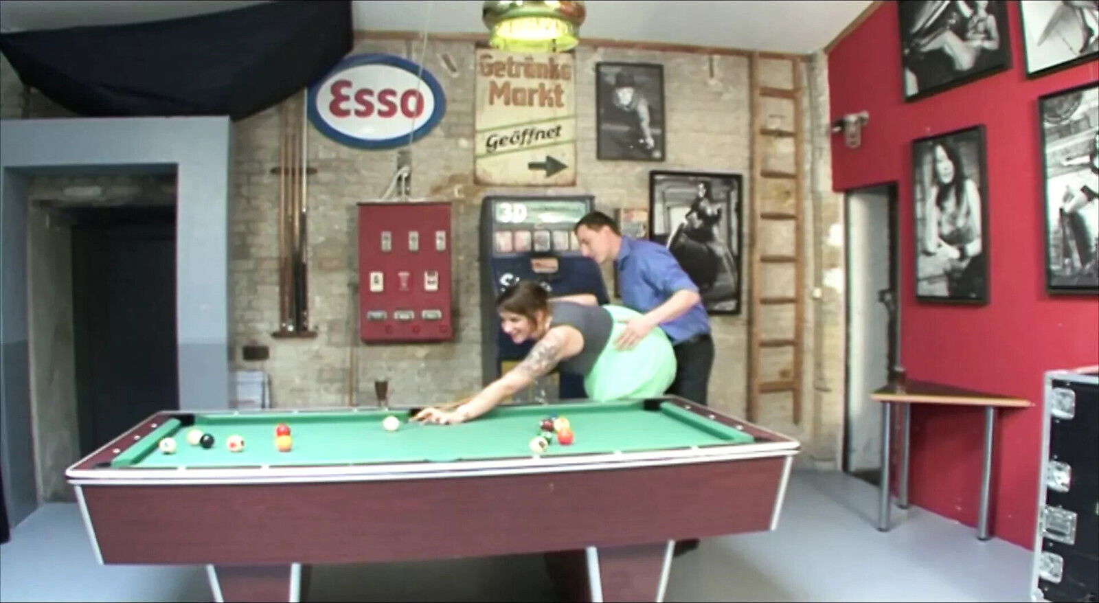 Busty slut rides solid pool table