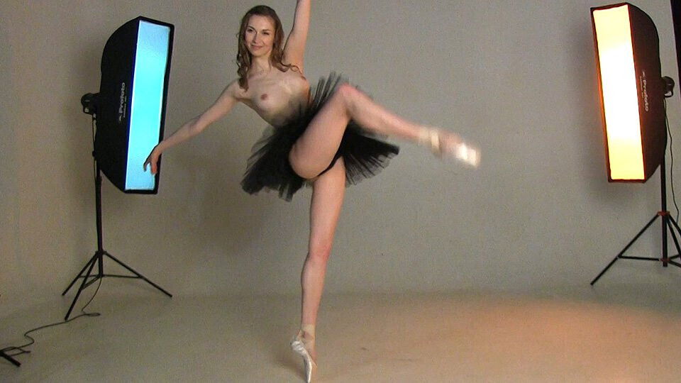 Flawless beauty ballerina Annett with flexible magnificent female body poses black stage costume. T-2(6)
