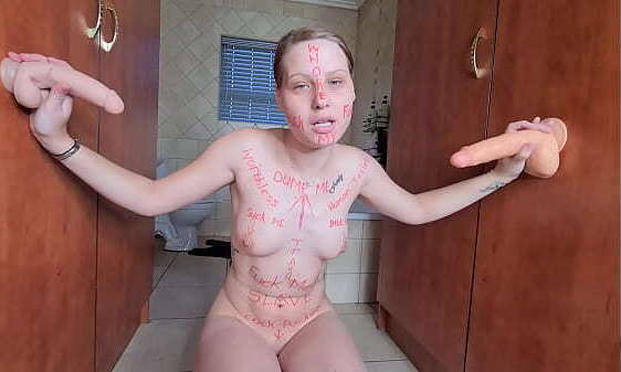 Trashy slut full shaming words written body using dildos fantasizing gets spitroast real cocks