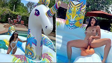 Busty Brunette Harley Haze Masturbates Giant Unicorn Float