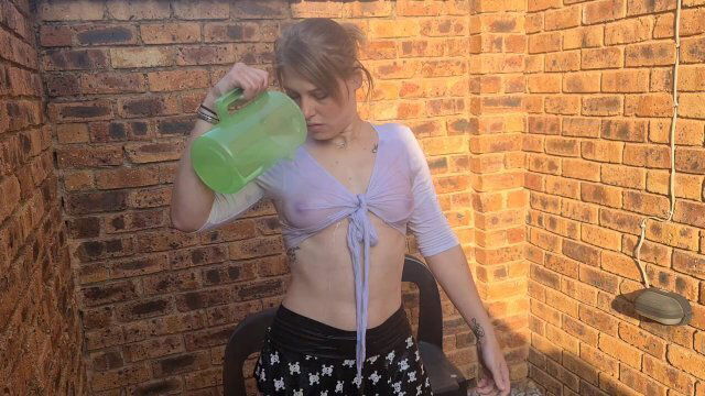 Slut cotton crop skirt, wetting shirt, playing with boobs outside garden