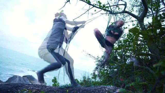 TATTOO piercing dreadhead girl gets tied public beach kinbaku, shibari, bondage