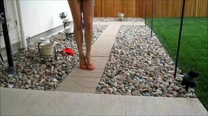 Walking in red mules