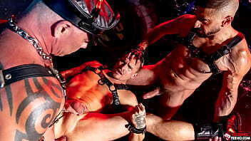 Marco Napoli and Ryan Carter share Isaac X'_s dirty hole. Two leather fuckers Ryan and Marco quickly bend Isaac X over, grab him by the harness, and begin slamming their cocks into his ass.