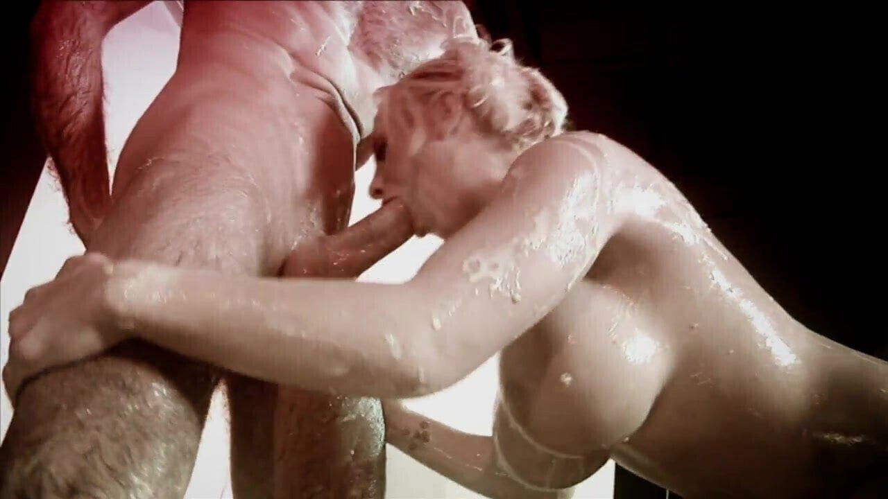 Blondie rides guy's dick bath filled with milk