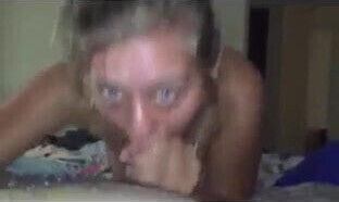 Blonde girl gives blowjob to chubby and hairy guy 