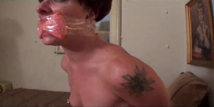 Tied angry girlfriend hops, gagtalks to boyfriend