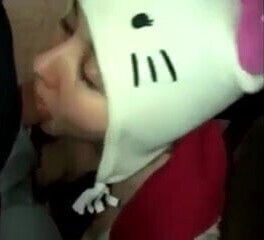 Girl with cute kitten gives blowjob