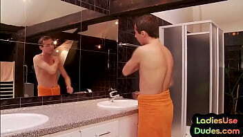 Bathroom 3some pegging of male asshole by CFNM femdom teens