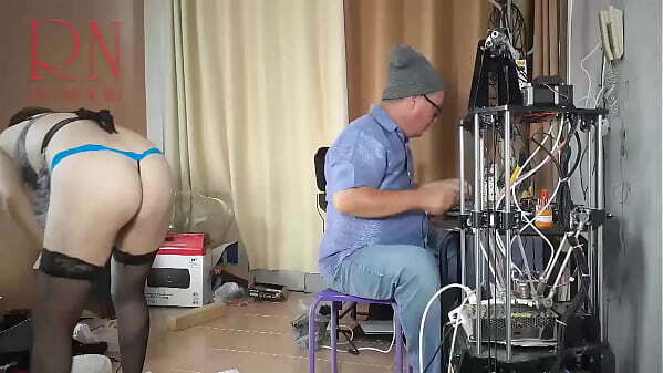 naked maid cleaning stupid engineer'_s office. Real camera office. Scene