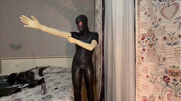 Wearing long white latex gloves masturbate