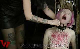 Dominatrix Nika fucks hard with dildo slave'_s mouth. Lesbian BDSM