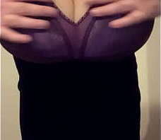 Man in Velvet Black Dress Slowly Reveals His Big Purple Bra, Pulls Down His Dress to Show His Bra and Panties, Then Jerks off to a Picture of a Women with a Huge Cock