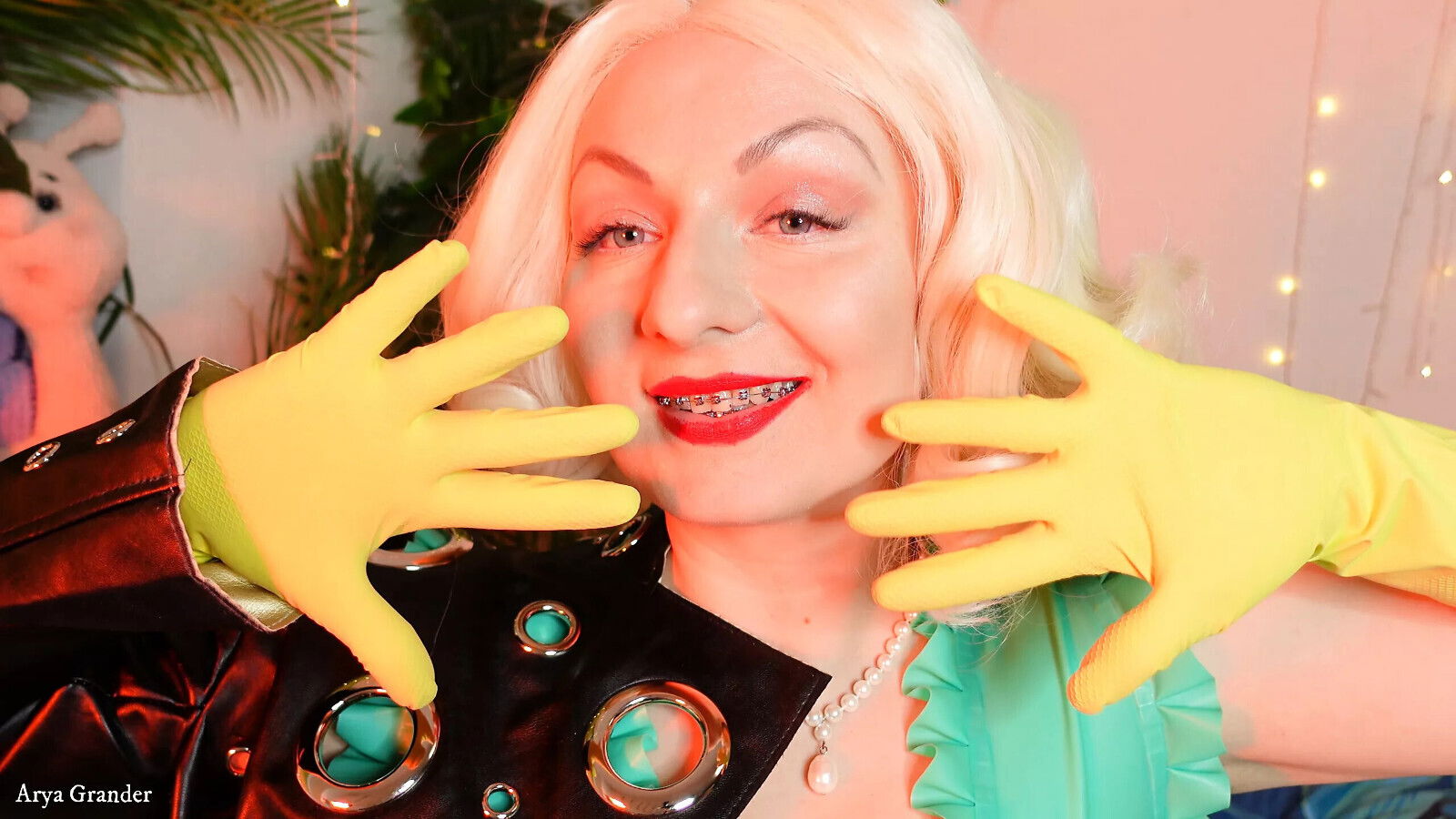 sexually blonde MILF blogger teasing with yellow latex household gloves (FETISH)