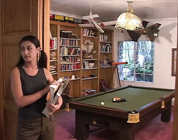 Brunette cutie pigtails sucks dick, gets fucked pool table
