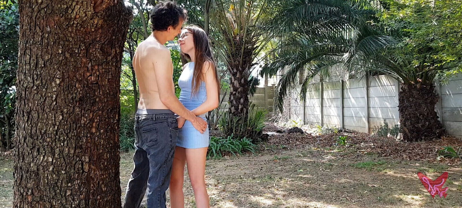 Horny Lexi fucks outside behind tree!