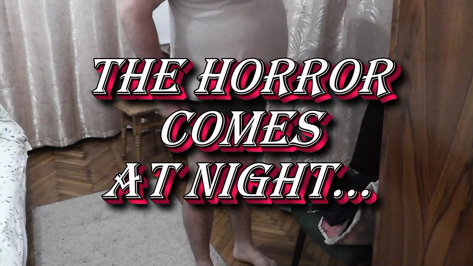 Halloween Beautiful horror comes night. Cute naked girl frightened man.