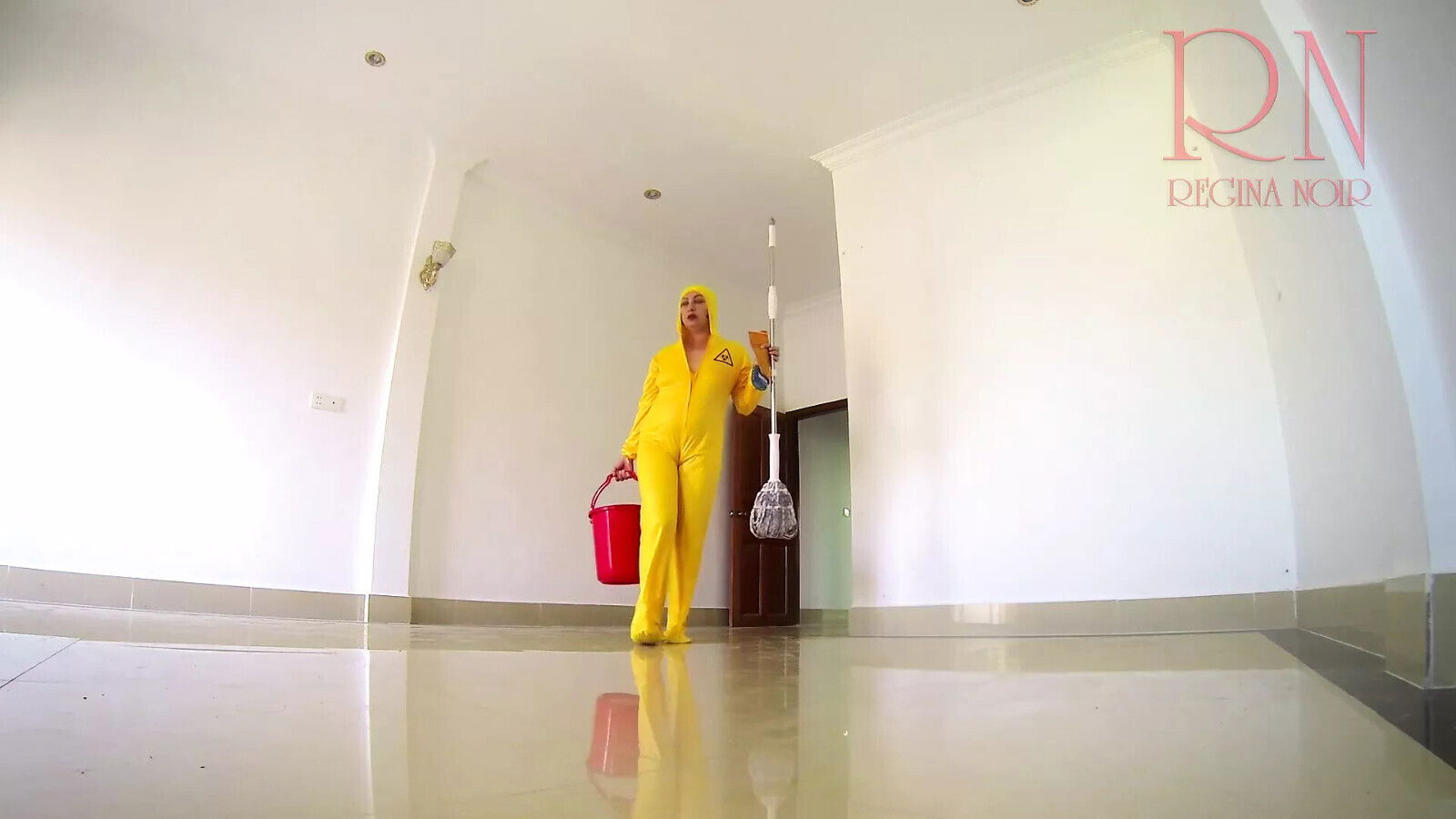 Naked maid cleans office space. Maid without panties. Office