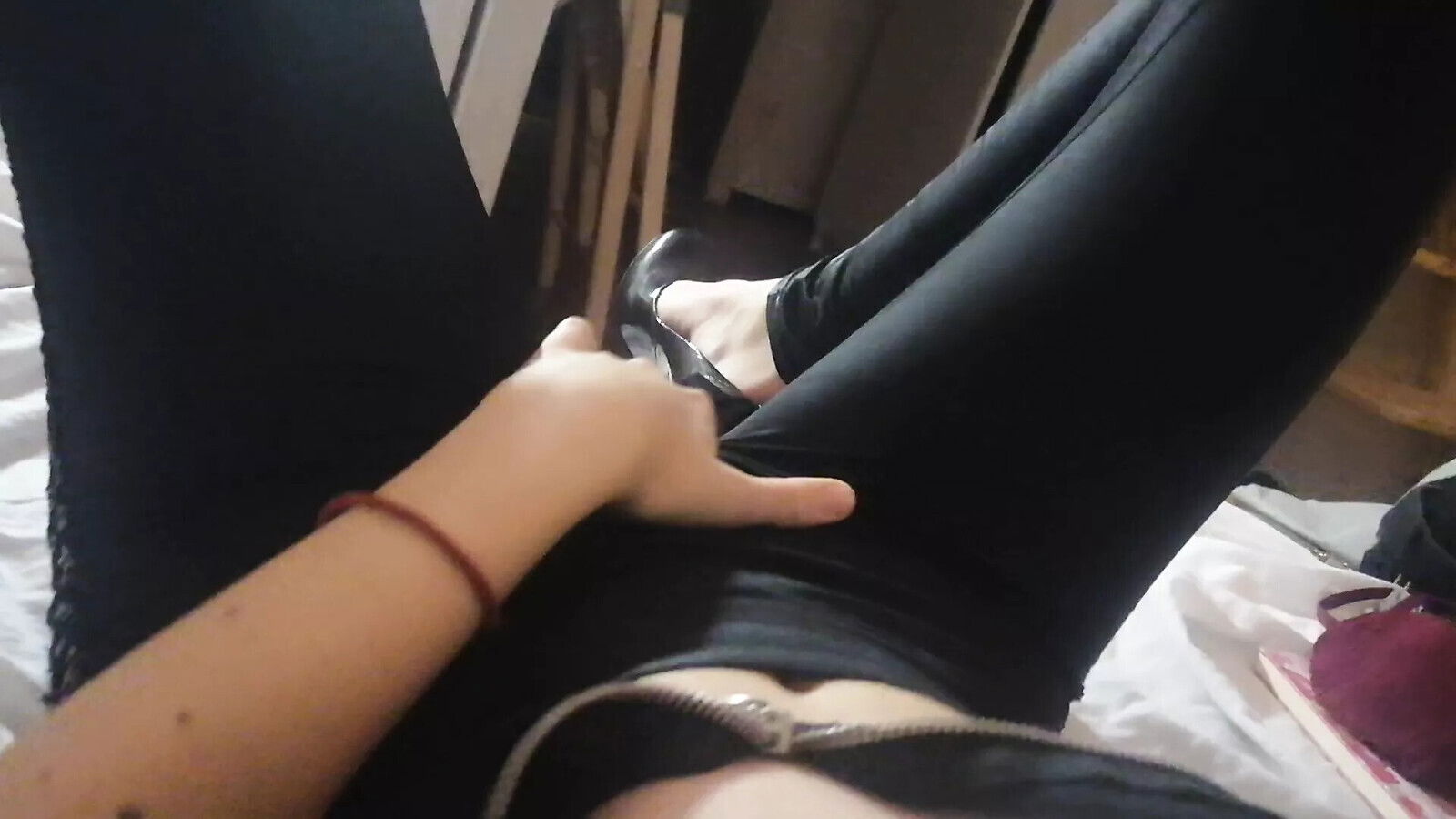 Home striptease leather black close nipple pussy orgasm