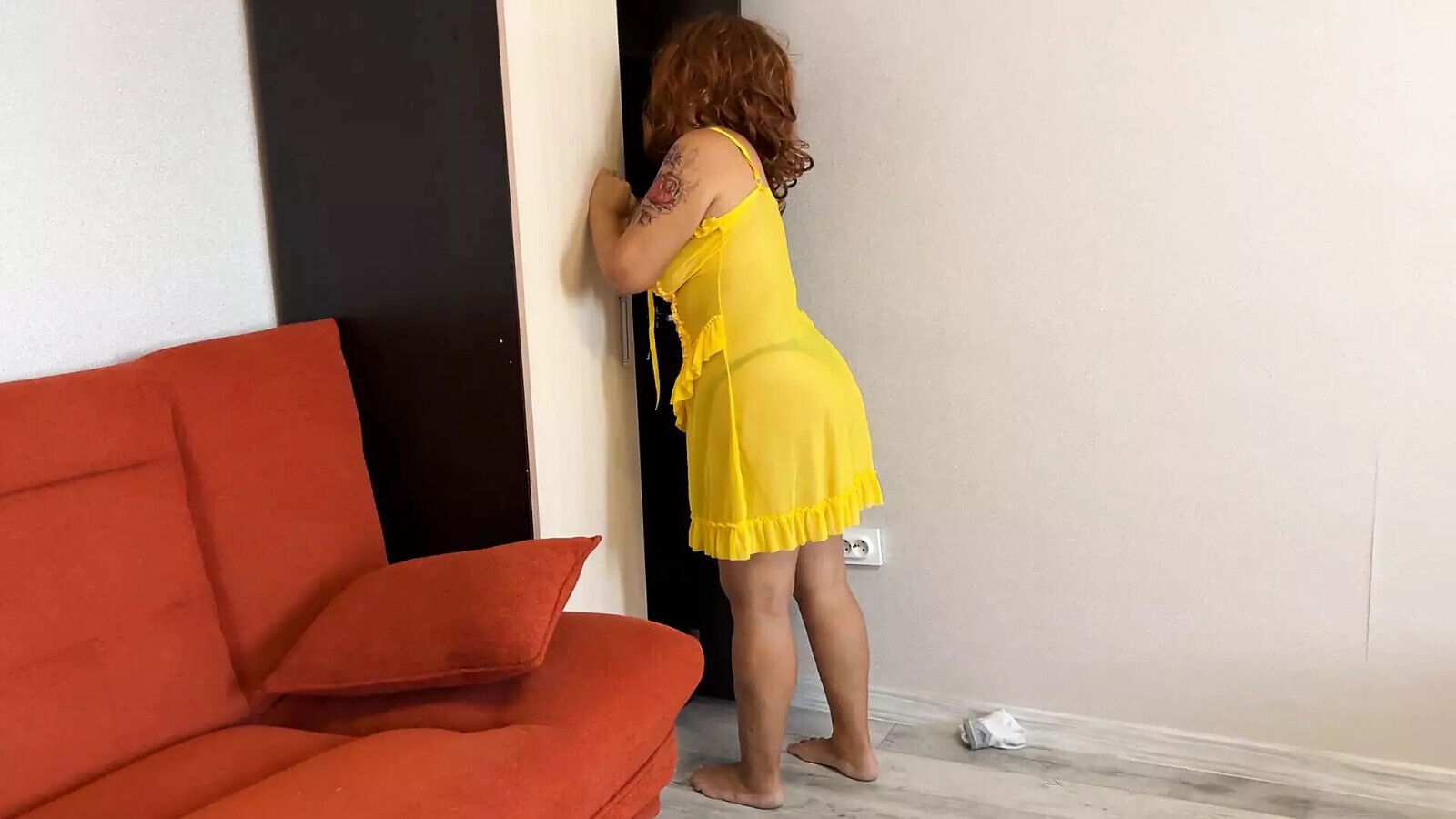 Behind transparent robe, mature gorgeous woman