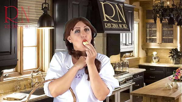 Cheerful maid without panties eats bananas dining room.