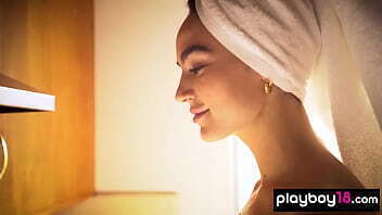 Skinny latina babe Sarah Mollica flashes her small tits and takes a shower