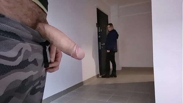 showed dick beautiful neighbor, jerks dick front her, excited shock wants touch dick masturbate