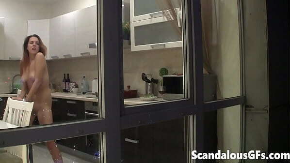 Watching neighbour'_s naked sexy girlfriend goofing around kitchen